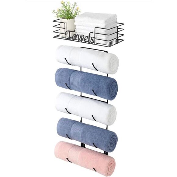 5 Tiers Metal Rolled Towel Holder with Top Shelf - Picture 1 of 4